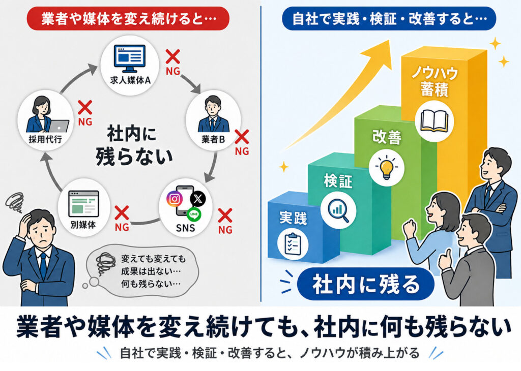 業者や媒体を変え続けても社内に残らない循環と、求人内製化でノウハウが積み上がる対比図