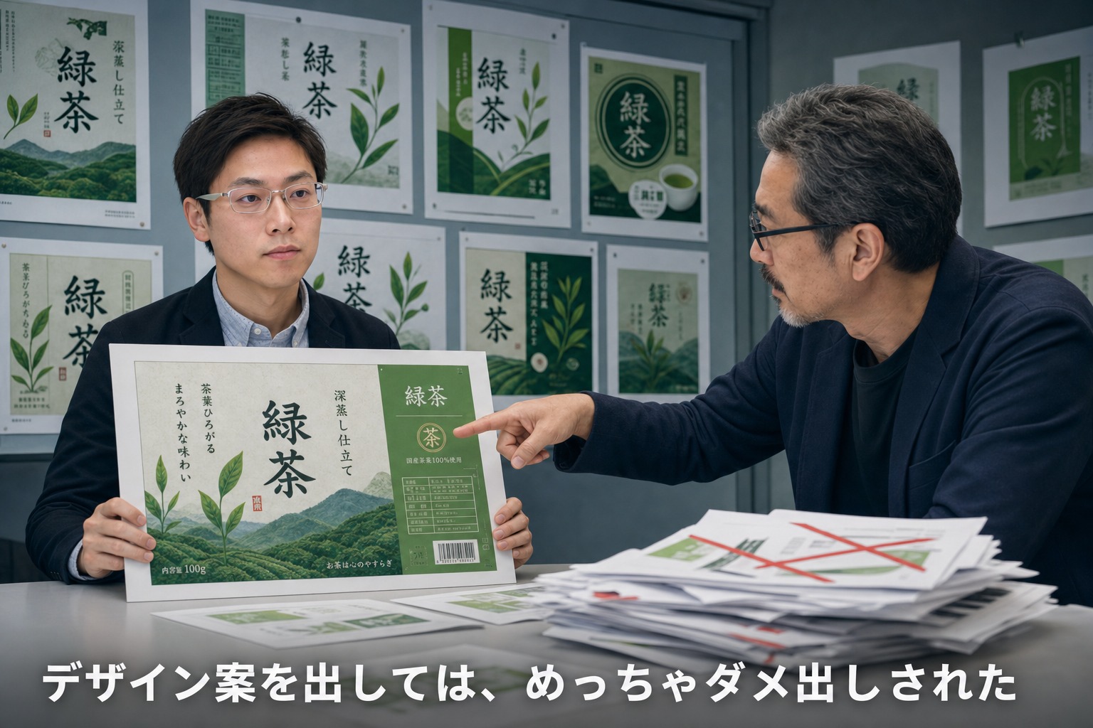 緑茶のラベルデザイン案を出しては、めっちゃダメ出しされた会社員時代のイメージ