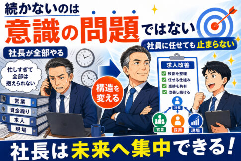 続かないのは意識の問題ではない。社長が全部やる求人内製化と社員に任せても止まらない比較イラスト