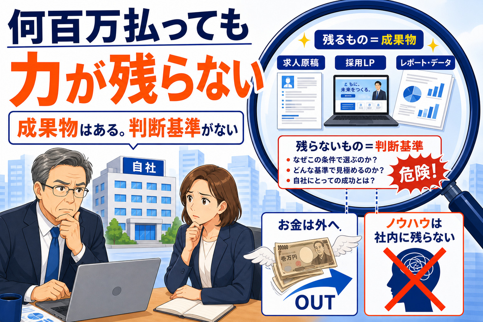 何百万払っても力が残らない。成果物は残るが判断基準が残らない構造イラスト